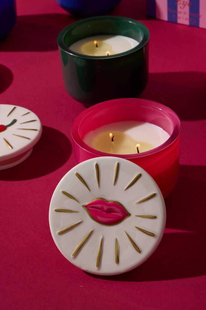 Charmed 8oz/226g Pink Glass Candle with Lips Lid - Smoked Cherry