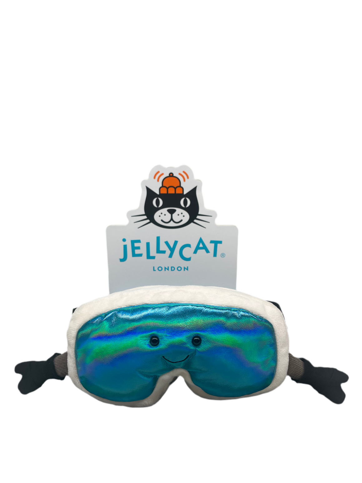 Blue reflective ski goggles with a smiley face and hands wearing black ski gloves and black elastic aged strap with Jellycat printed on 