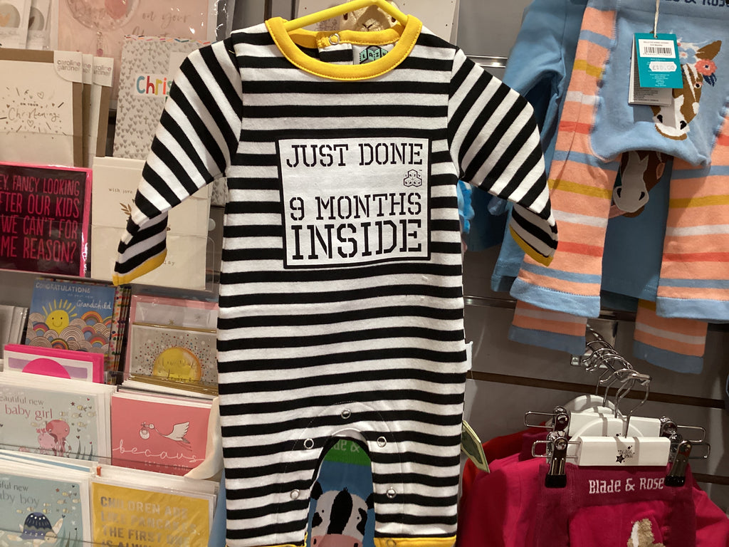 Lazy Baby Just Done Nine Months Inside Black and White Baby Grow with Yellow Trim