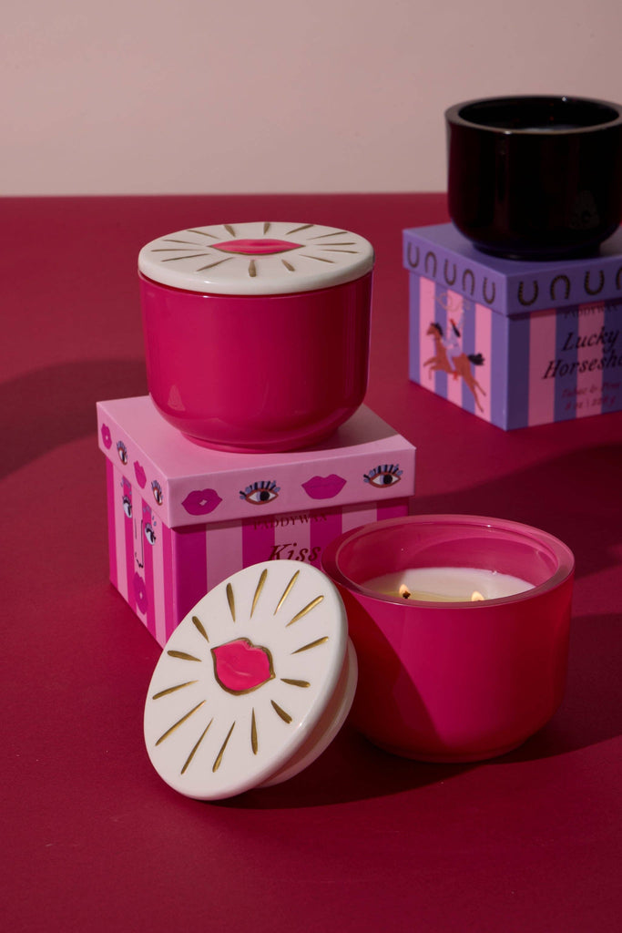 Charmed 8oz/226g Pink Glass Candle with Lips Lid - Smoked Cherry