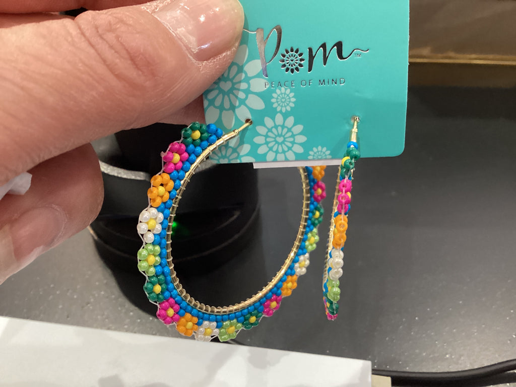 Pom Blue Multi Flower Beaded Hoop Earring