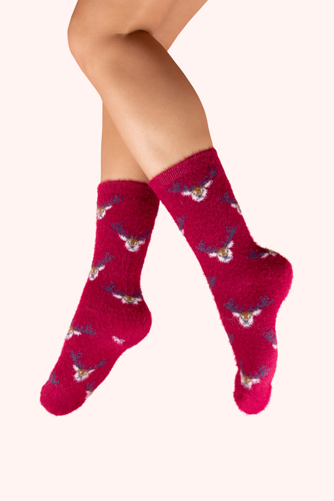 Powder fluffy fuchsia ankle socks with mini stags 