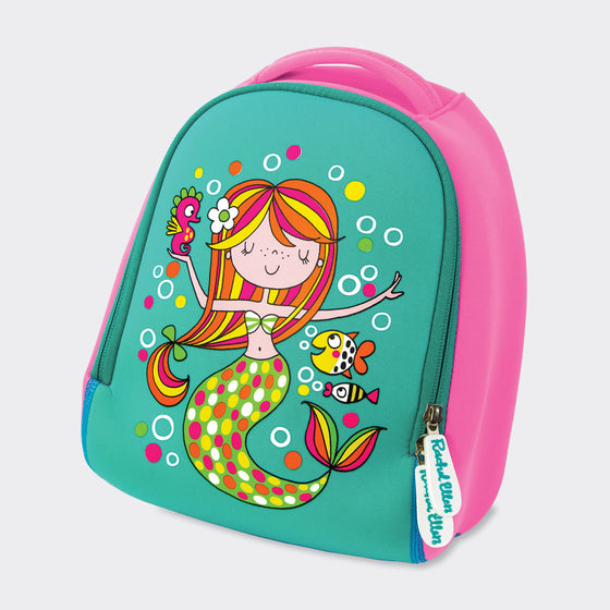 silk screen printed mermaid on blue and pink coloured neoprene rucksack