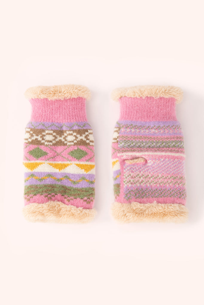 Powder Design fair isle pastel pink, lilac and cream with furry inside wrist warmers