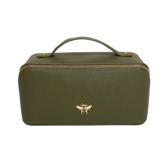 olive green leather makeup bag with gold trimmings, a handle, two compartments inside and a gold bee on the front 