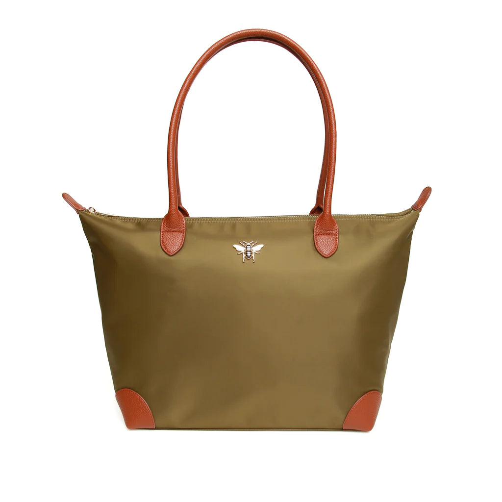 large olive tote bag with a leather handle, leather trimmings and a gold bee