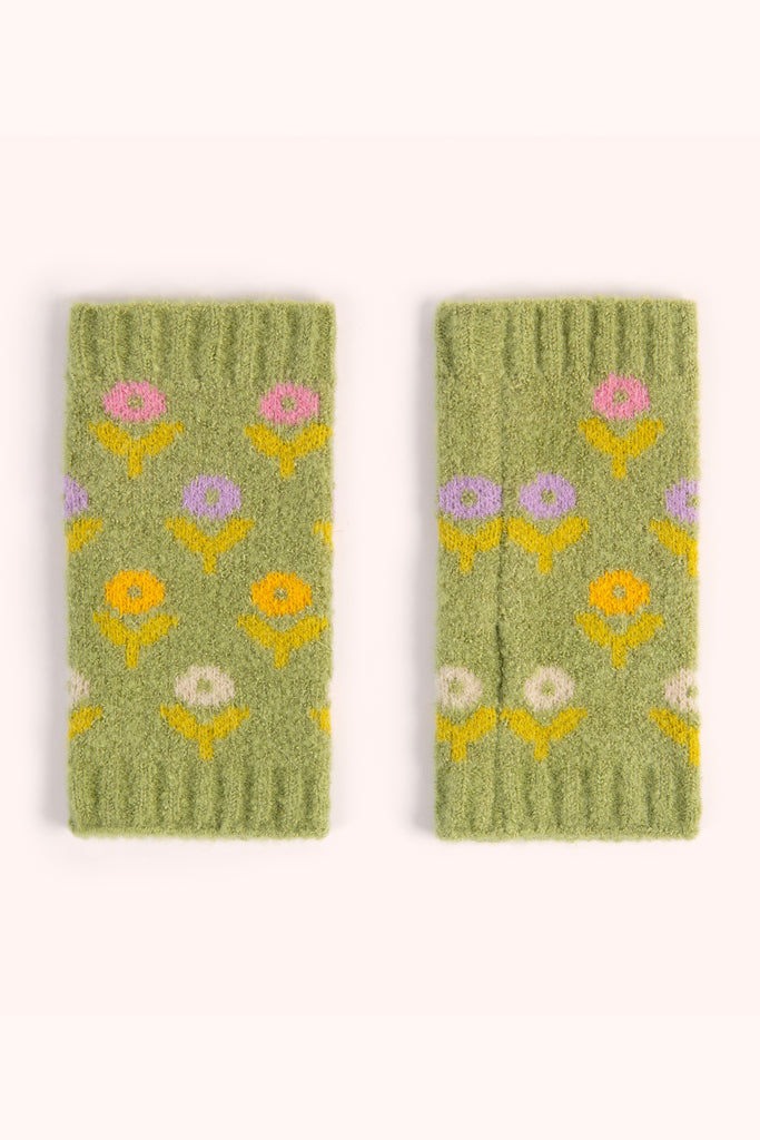 Powder Design green woollen wrist warmers with pastel flowers
