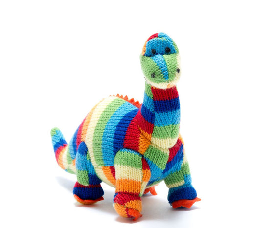 multi stripe diplodocus rattle with red, blue, sky blue, yellow, orange stripes and a row of orange spikes along the back