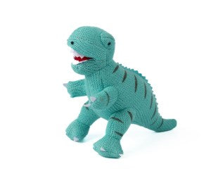 Ice blue knitted t rex with black stripes and a wide open red mouth with white teeth, gentle rattle when shaken