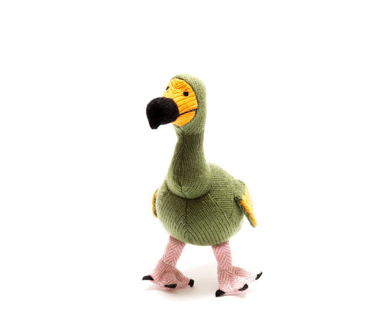 moss green standing Dodo with pink webbed feet, orange face and wings and a fluffy tail
