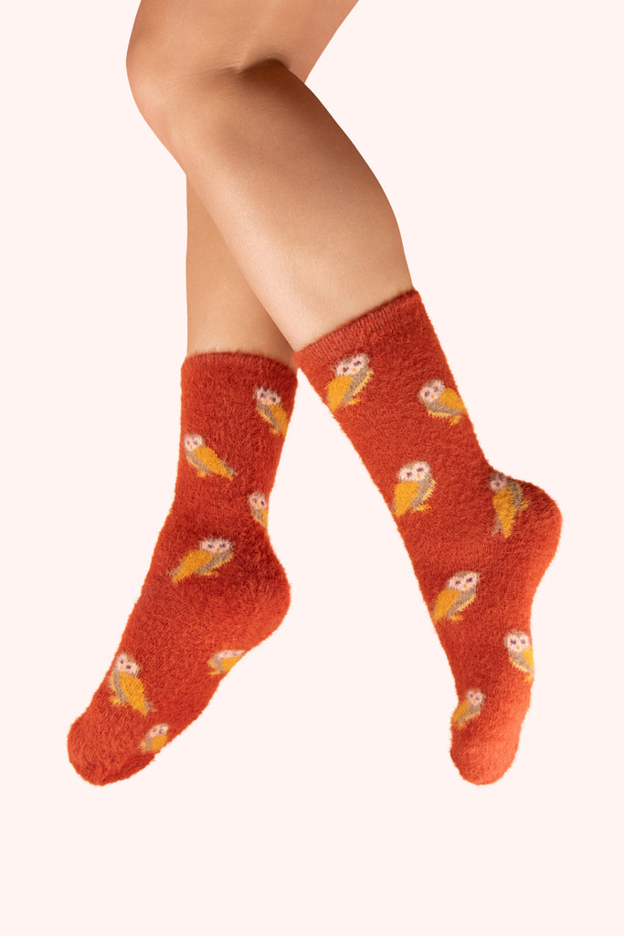 Tangerine fluffy socks with mini owls 