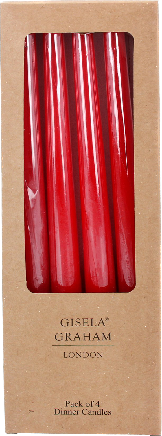 
Pack of four red dinner candles 

Dimensions: 25x9x2

Compostition: 90% paraffin and 10% paper

Weight: 213g