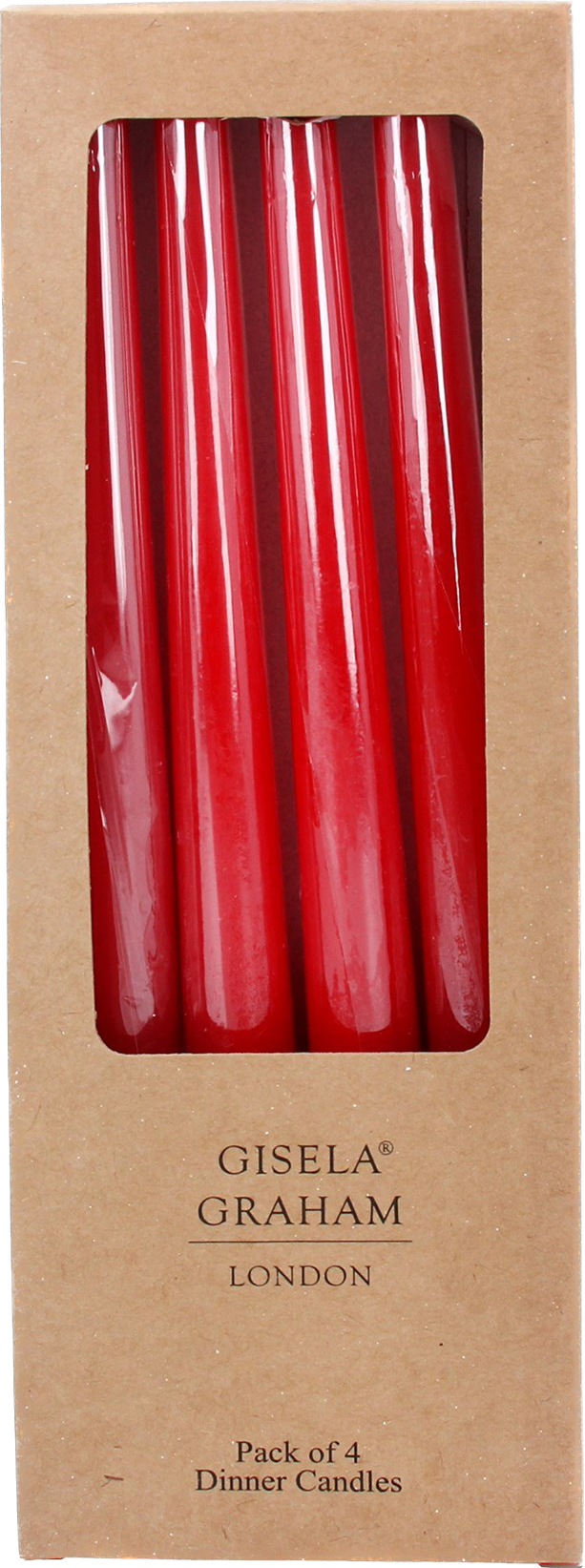 
Pack of four red dinner candles 

Dimensions: 25x9x2

Compostition: 90% paraffin and 10% paper

Weight: 213g