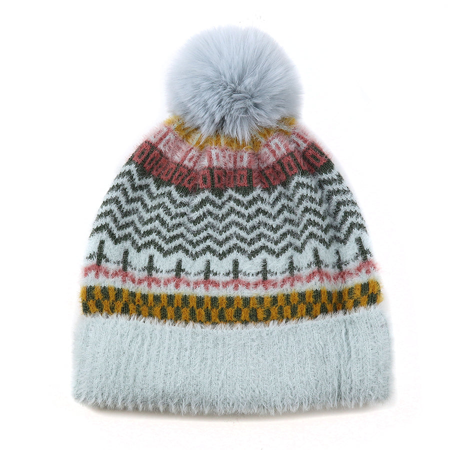 Pom Pale Blue and Mustard Multi Pattern Hat with Fur Pom Pom