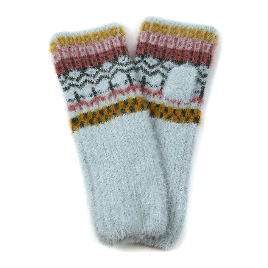 Pom Pale Blue and Mustard Multi Pattern Wrist Warmers