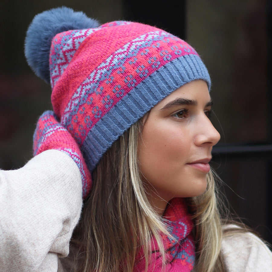 Pom Pink and Blue Fairisle Pattern Hat with Faux Fur Pom Pom