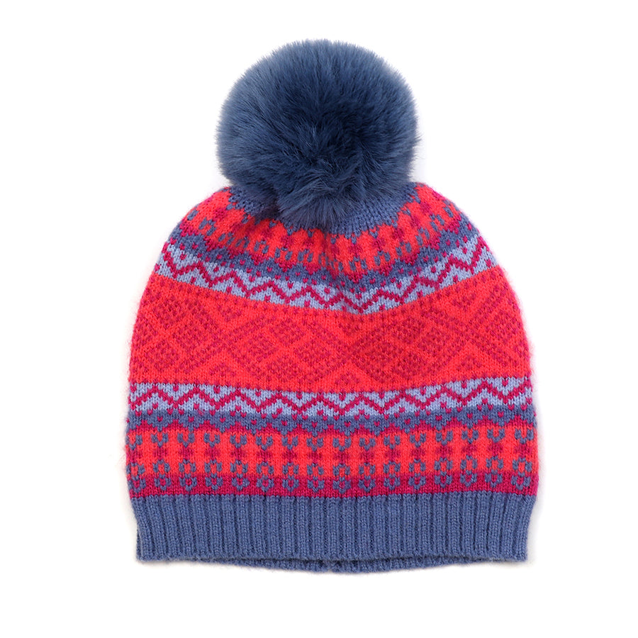 Pom Pink and Blue Fairisle Pattern Hat with Faux Fur Pom Pom