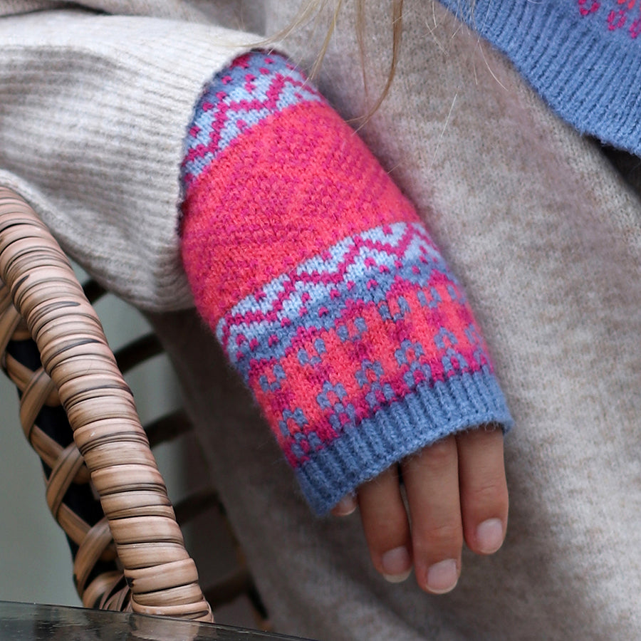 Pom Red and Pink Fairisle Wrist Warmers