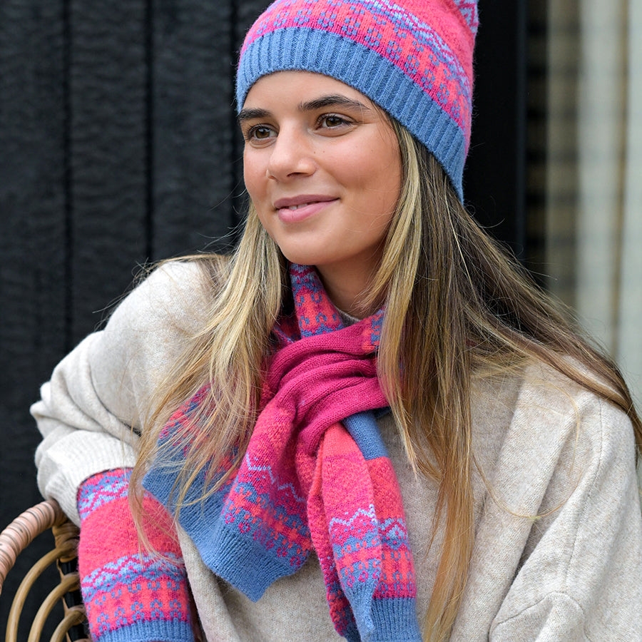 Pom Red and Pink Fairisle Pull Through Scarf