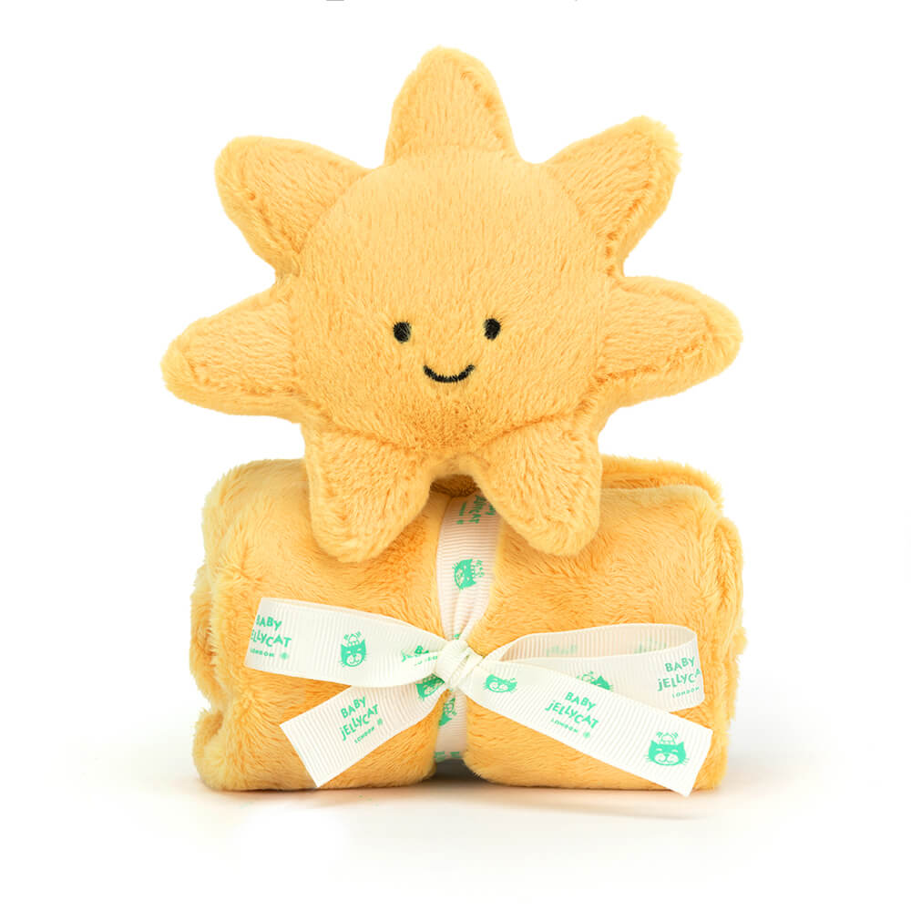 Jellycat yellow sun soother attached to a small yellow square 