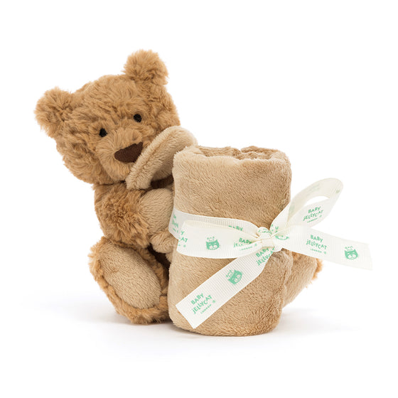 Jellycat Brown Bartholomew Bear soother is holding onto a soft square shaped soother