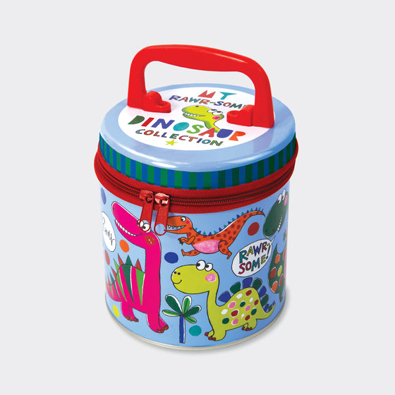 a blue tin with a red zipper and handle featuring various different coloured dinosaur characters 