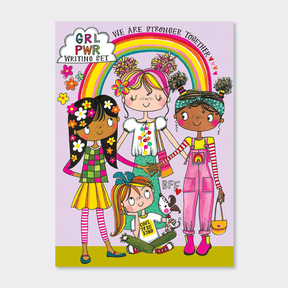 writing set in a pink holder with 4 different girl characters, a rainbow, flowers, a cloud and a caption, 'we are stronger together'