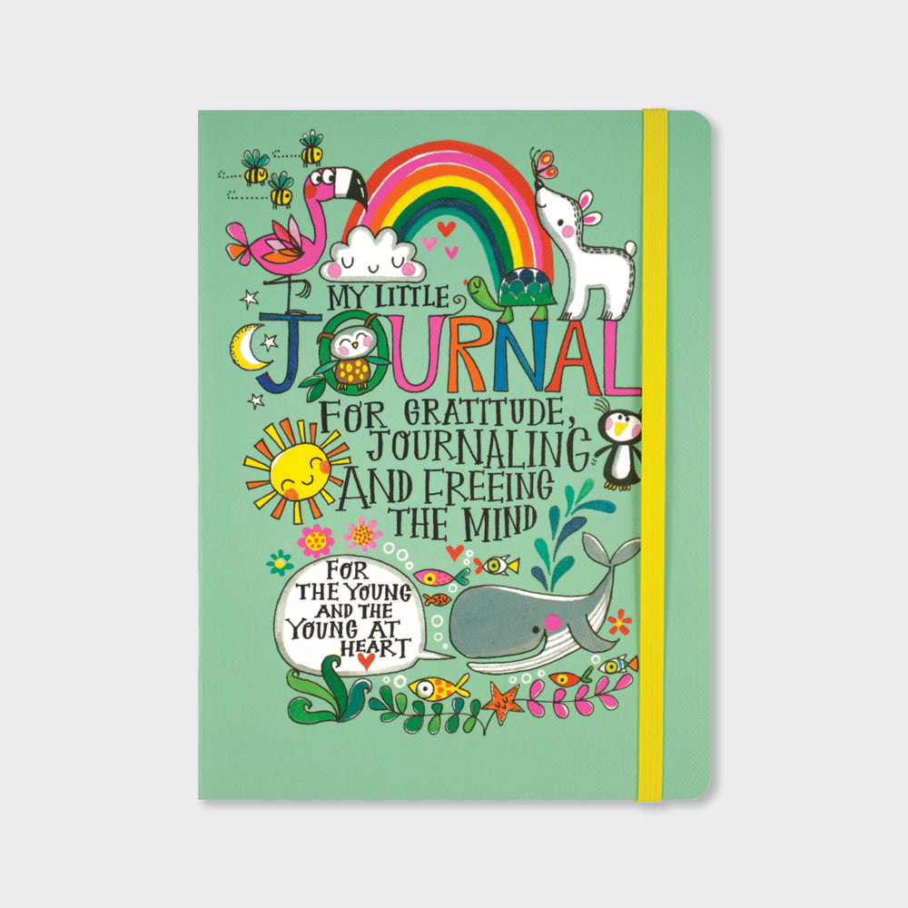 a green book featuring a natural world theme and a cation reading 'my little journal for gratitude, journaling and freeing the mind' with rounded corners and a yellow elastic closer