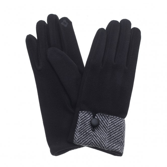 Black soft touch gloves with a grey and white chevron patterned cuff and black button.

Touch screen fingertips