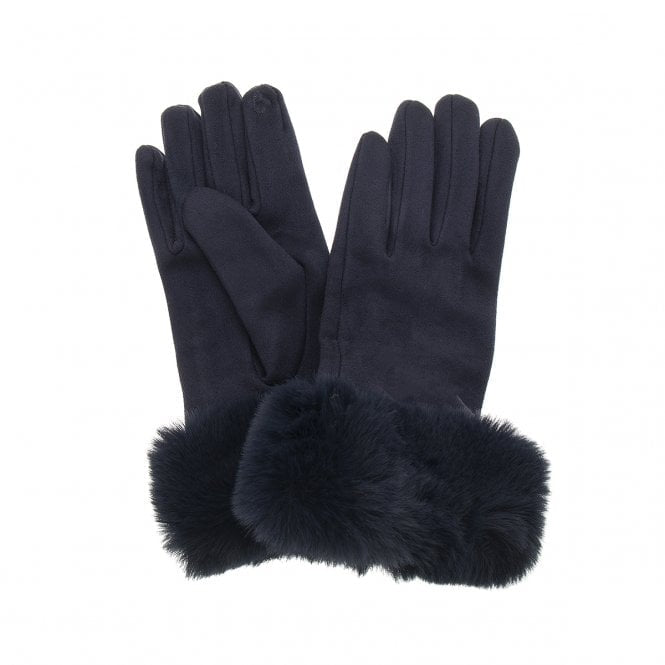 A beautiful pair of navy suede effect gloves with a navy faux fur cuff.

Touch screen fingertip

20% Polyester, 80% Cotton 