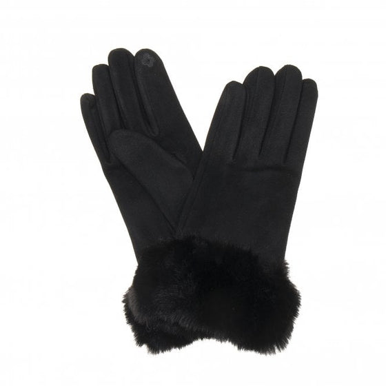 A beautiful pair of black suede effect gloves with a black faux fur cuff.

Touch screen fingertip

20% Polyester, 80% Cotton 