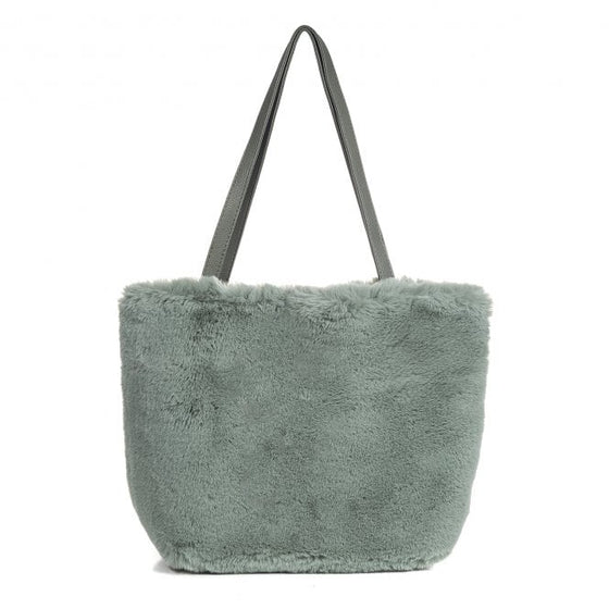 A beautiful fern green faux fur large bag with shoulder handles. An inner pocket and a popper fastening for extra security.

H30cm x W46cm x D17cm

100% Polyester