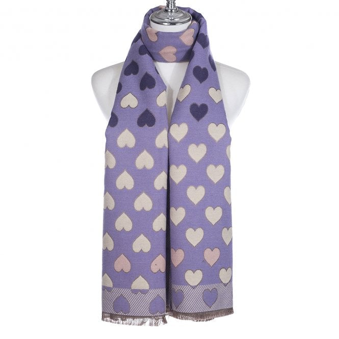 A beautiful scarf in a mixture of violet colours with a pretty heart pattern in lilacs and beige with a  striped border. 

186cm x 65cm

100% Viscose 