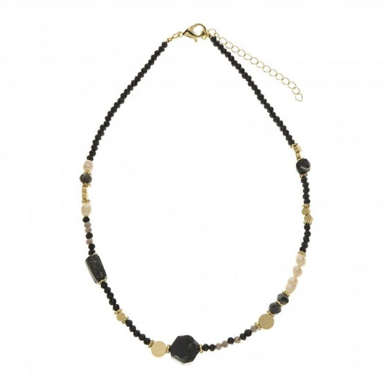A beautiful necklace with black beads  mixed with grey beads, pearls and gold discs.

16in approx

Supplied with pouch
