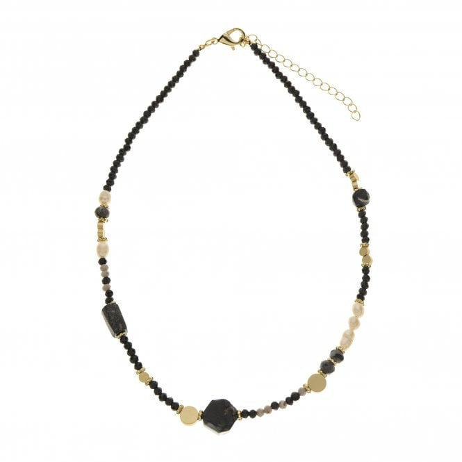 A beautiful necklace with black beads  mixed with grey beads, pearls and gold discs.

16in approx

Supplied with pouch