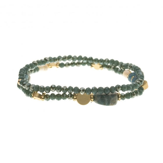A beautiful teal expandable beaded bracelet with added pearls and gold discs.

Supplied with pouch 