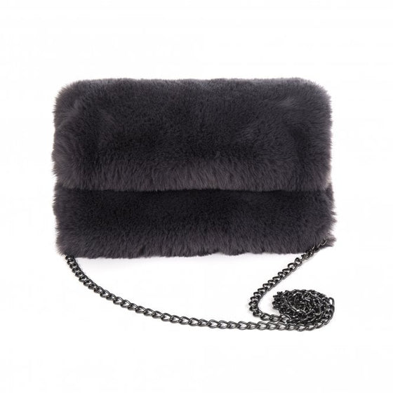 
A beautiful slate grey faux fur handbag with elegant  metal chain.

Zip fastening with poppers for added security.

20cm x 25cm