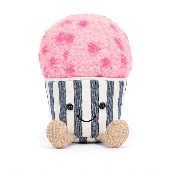 pink gelato scoop in a grey and white stripy tub, with a smile and waffle feet sticking out.