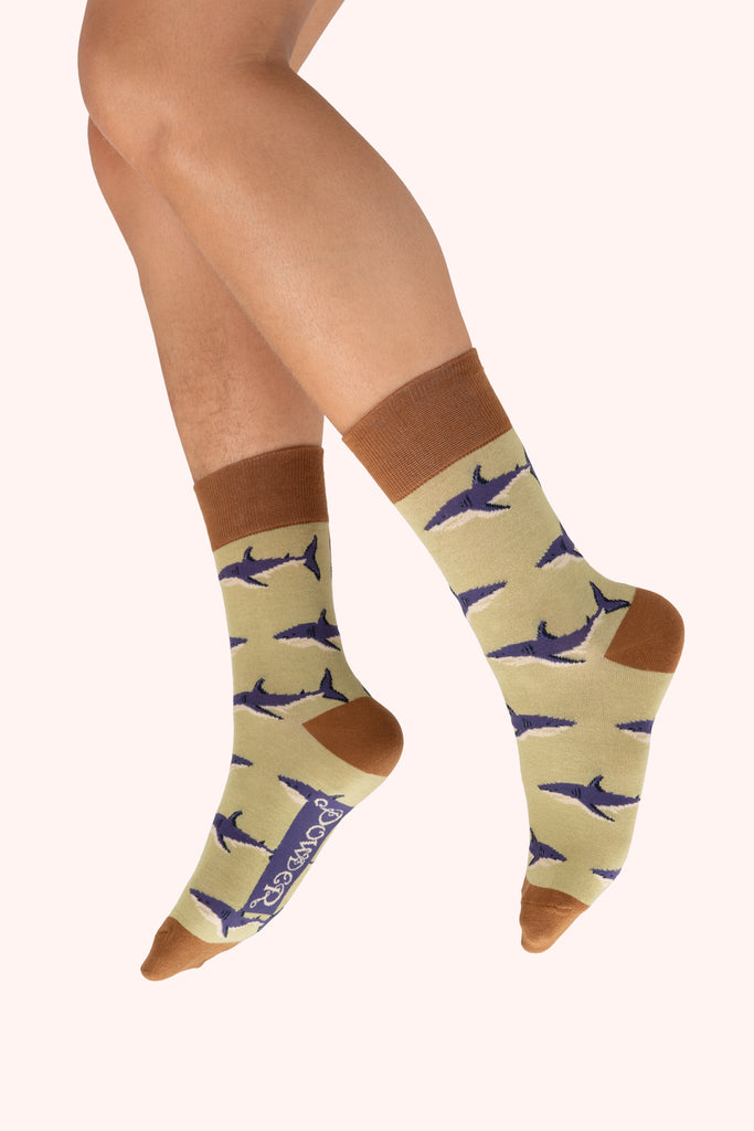 Sage socks with purple shark pattern 