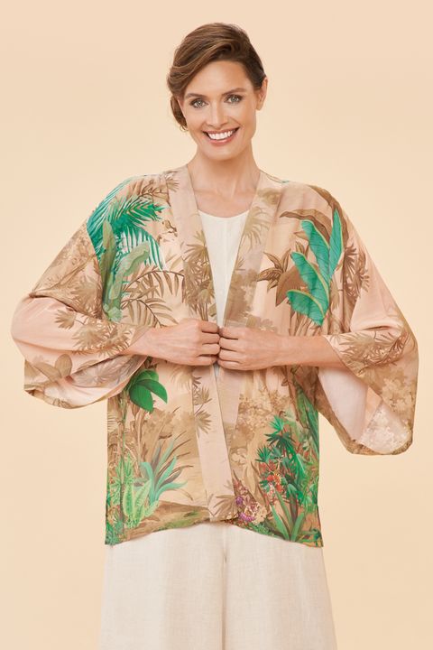 Powder Oasis a pastel kimono style jacket in jungle theme.