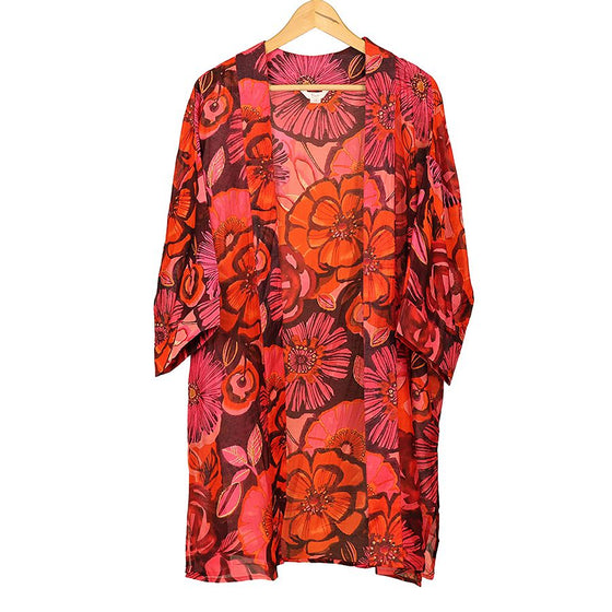red and pink floral mix longer length kimono made from 100% modal