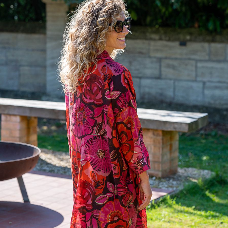 ed and pink floral mix longer length kimono made from 100% modal