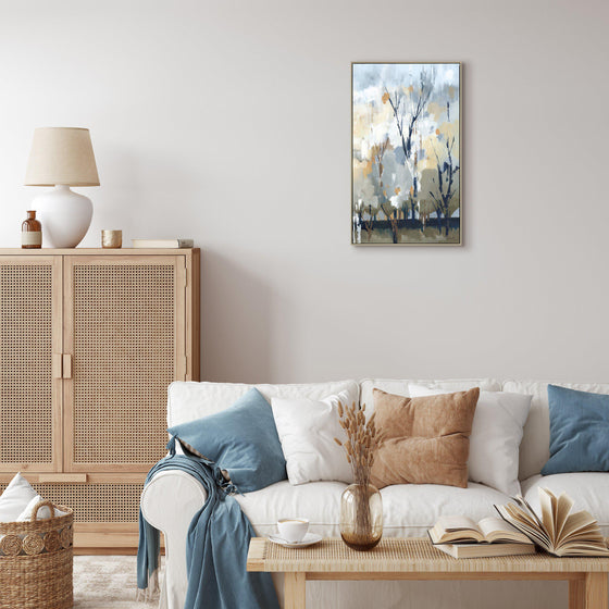 a bold, cheerful healthy mixture of grey, blues and yellowish colour also capturing the distinctive and striking silver birch trees.