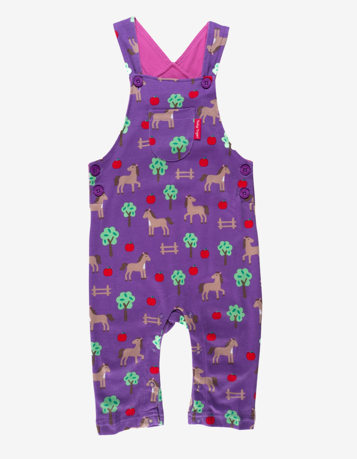 purple dungarees with horse print featuring fencing, trees and apples, purple poopers on the straps and sides, a pocket on the front, lined with pink