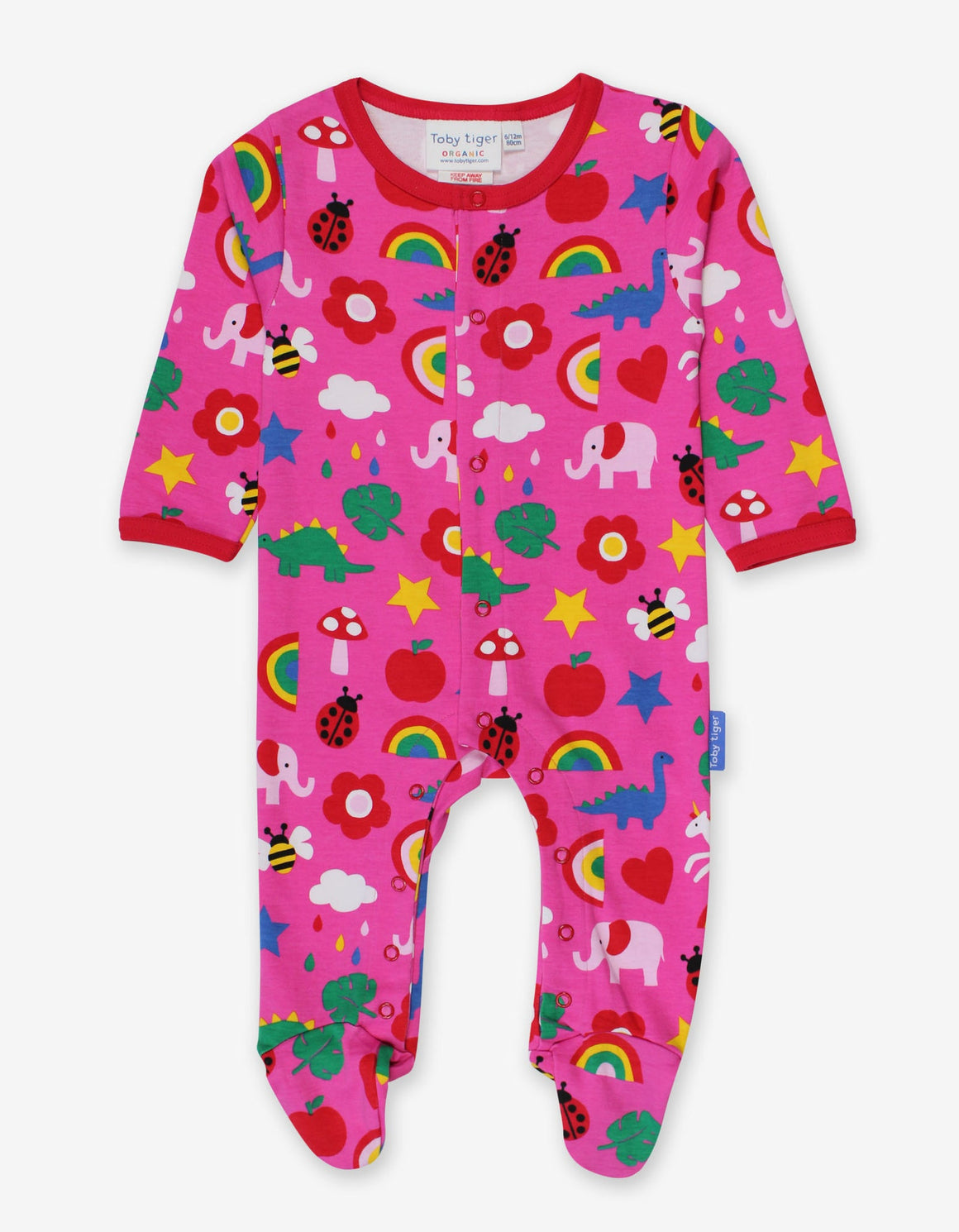 pink babygrow with colourful print featuring rainbows, animals, toadstools, hearts, lined with red around the neckline and sleeves