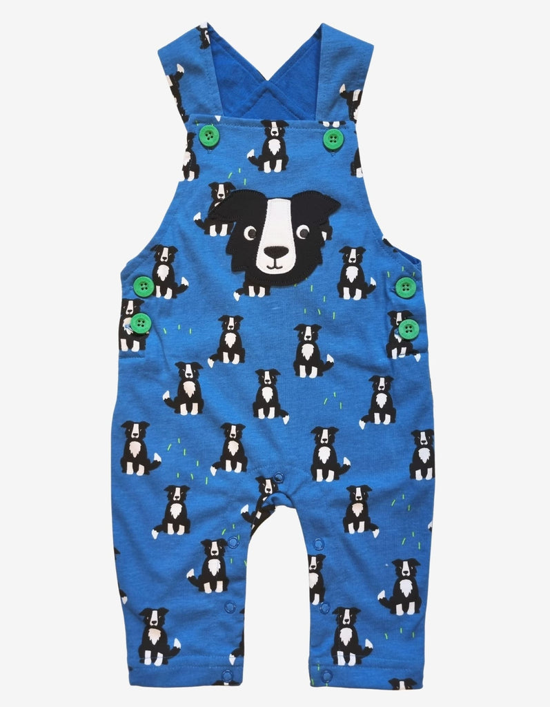 blue background with a black and white dog print with green poppers on straps and sides