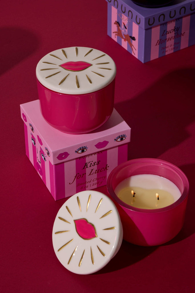 Charmed 8oz/226g Pink Glass Candle with Lips Lid - Smoked Cherry