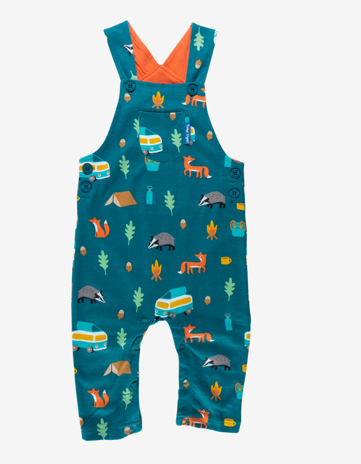 dark turquoise back ground with animals and campervan print, button up front and sides and a small pocket of the front, lined with orange