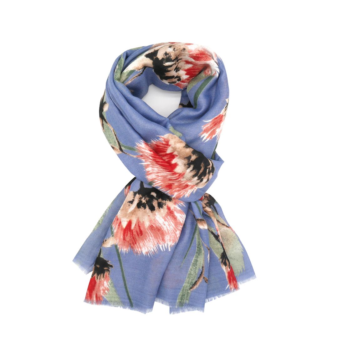 light blue scarf with pink and green thistles