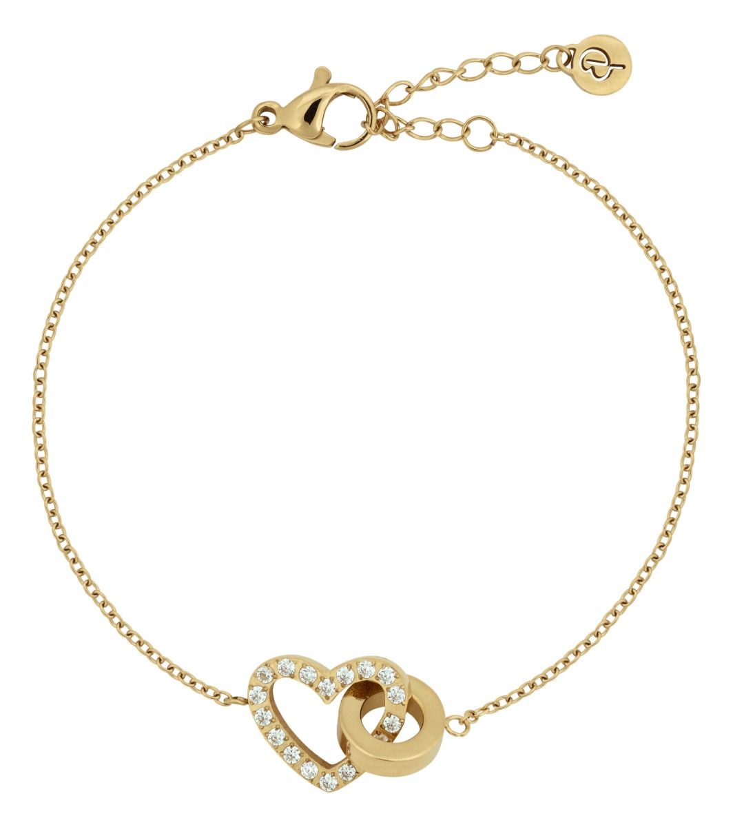 gold bracelet chain with small gold band interlocked with gold heart covered with cubic zirconia